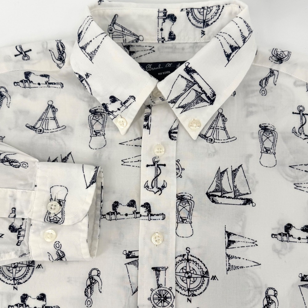 Brooks‎ Brothers Boys M White Nautical Anchor Sailboat Cotton Button Down Shirt